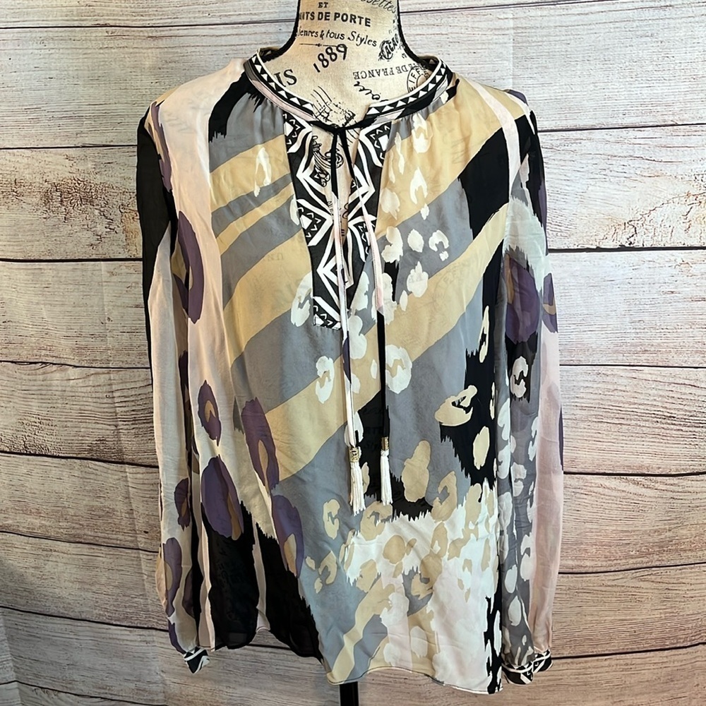 Hale Bob Silk Top Long Sleeves V-neck Sheer Size Medium